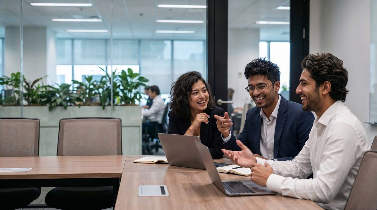 Three colleagues discussing work around a laptop in an office