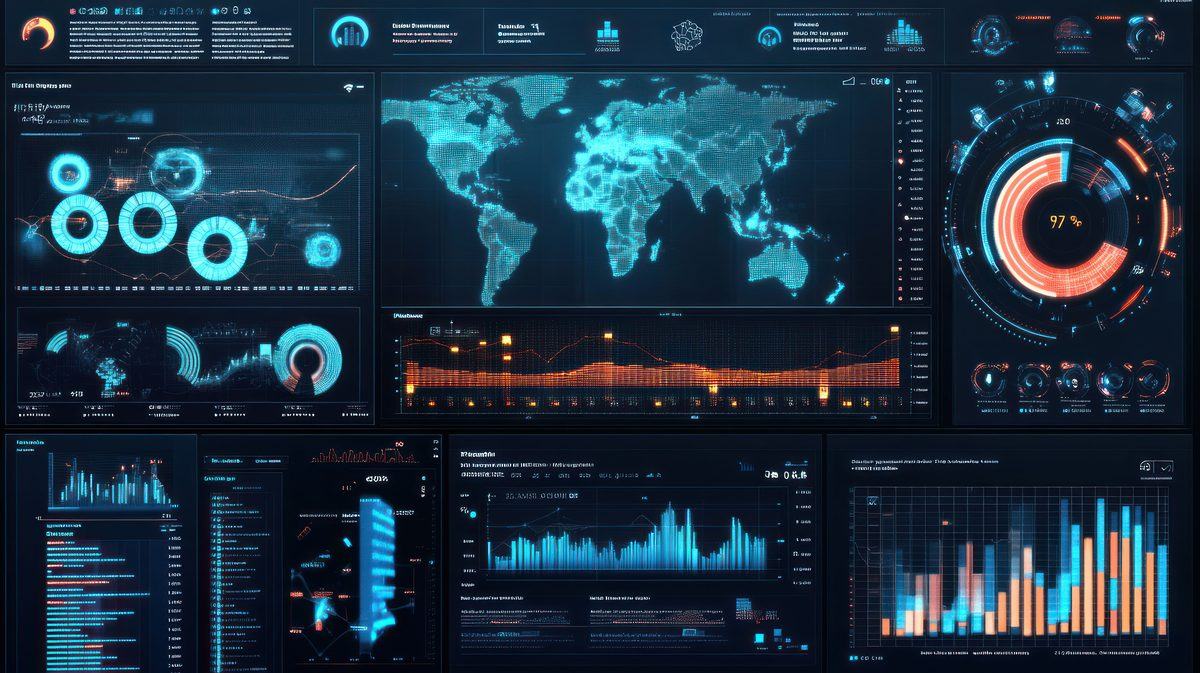 Dark data dashboard with a world map, charts and gauges