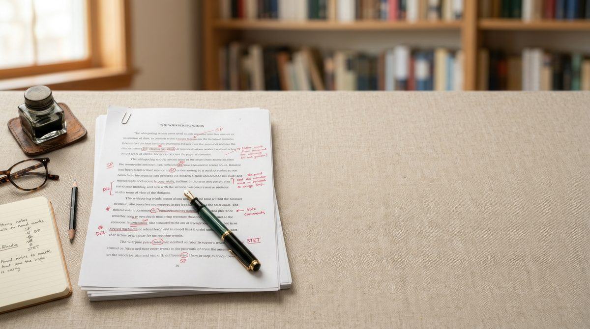 Manuscript pages with red-ink corrections, a fountain pen and glasses