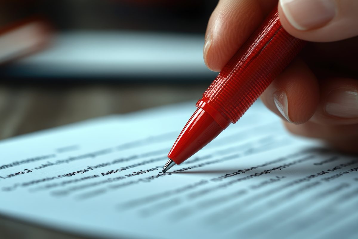Red pen marking up a printed document